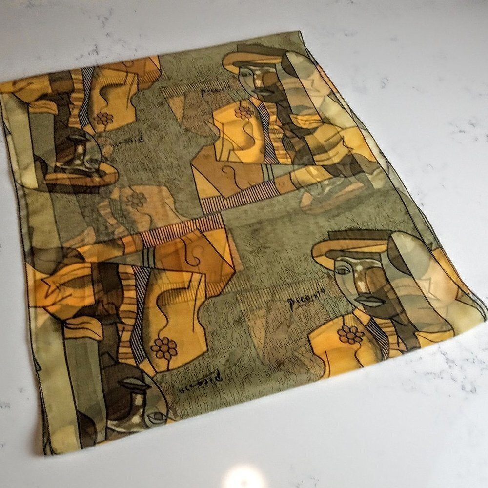 Vintage Picasso Gold Green Print Art Oblong Scarf
